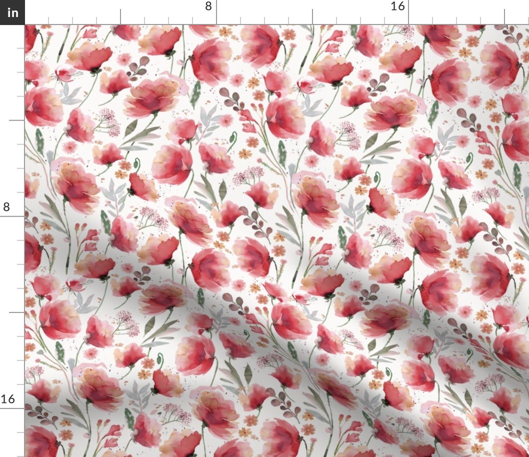 Red Poppy Red Poppies Meadow Wildflowers Red Floral watercolor Baby Nursery Small Fabric