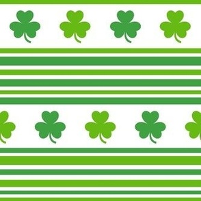 Medium Scale Green Shamrocks and Stripes on White