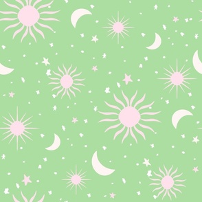 Baby sundance moons suns and stars mint green white and pink by Jac Slade