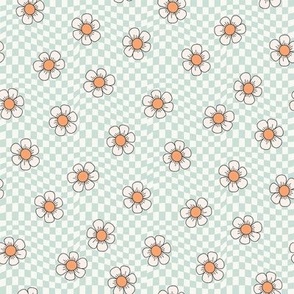 SMALL daisy checker fabric - vintage retro girls fabric - mint