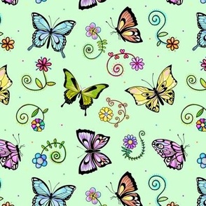 Whimsical Butterflies and Flowers on Green