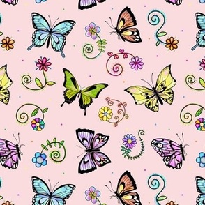 Whimsical Butterflies and Flowers on Pink