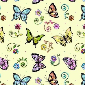 Whimsical Butterflies and Flowers on Yellow