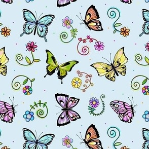 Whimsical Butterflies and Flowers on Blue