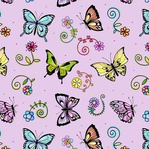 Whimsical Butterflies and Flowers on Purple