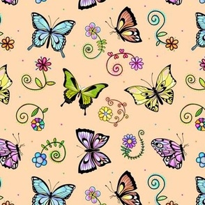 Whimsical Butterflies and Flowers on Orange