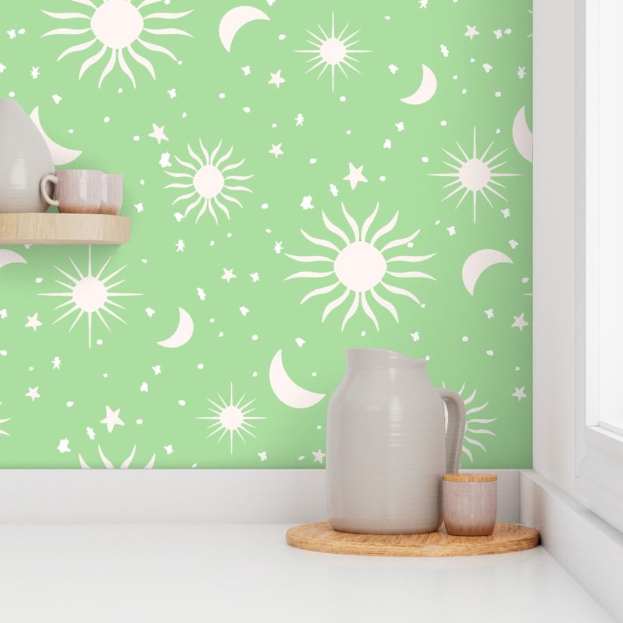 Baby sundance moons suns and stars green and white neutral by Jac Slade