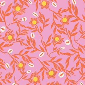 Orange Flowers with White Seed Pods on Pink Background 