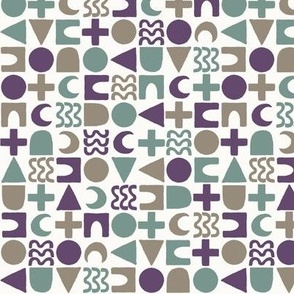 523 - Small scale modern linear geometric pattern in purple and teal with organic textures hand drawn shapes of circles, triangles, crescent moon, arches - for home decor, kids apparel, quilting, crafting, pet accessories, baby boys