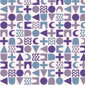 523 - Small scale modern linear geometric pattern in purple and turquoise with organic textures hand drawn shapes of circles, triangles, crescent moon, arches - for home decor, kids apparel, quilting, crafting, pet accessories, baby boys