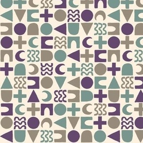 523 - Small scale modern linear geometric pattern in teal, grey and purple with organic textures hand drawn shapes of circles, triangles, crescent moon, arches - for home decor, kids apparel, quilting, crafting, pet accessories, baby boys