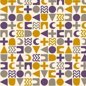 523 - Small scale modern linear geometric pattern in mustard, grey and purple with organic textures hand drawn shapes of circles, triangles, crescent moon, arches - for home decor, kids apparel, quilting, crafting, pet accessories, baby boys