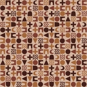 523 - Small scale modern linear geometric pattern in brown earth tones with organic textures hand drawn shapes of circles, triangles, crescent moon, arches - for home decor, kids apparel, quilting, crafting, pet accessories, baby boys