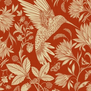 Hidden Wonders Hummingbird and Wild Strawberries in Terra Cotta Red