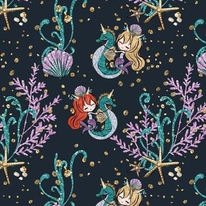 Little mermaid on seahorse, gold glitter, navy dark background 