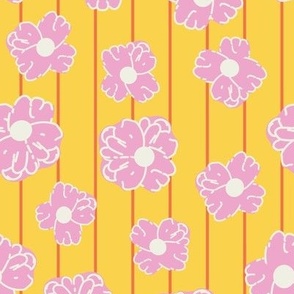 Bright and Playful Pink Flowers and Orange Stripes on Canary Yellow 