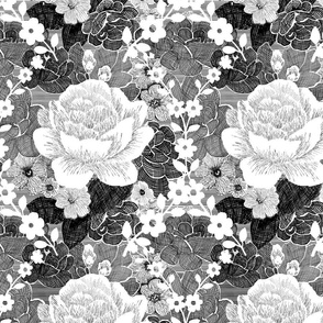 Tarjas Flowers - black and white- damask- large scale