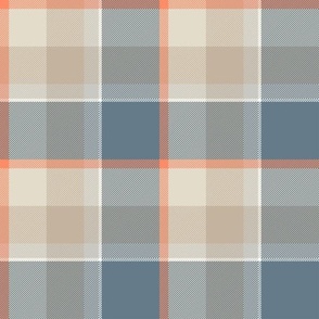 Plaid in muted blue, beige, taupe, gray, orange and white