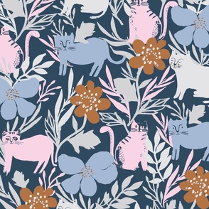 Pink and Blue Kitty Cats with Grey Foliage and Brown Flowers on Dark Blue 