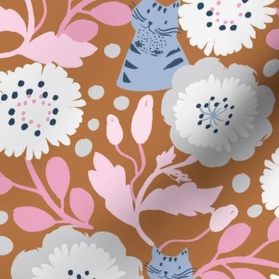 Blue Cats with White Flowers and Pink Botanicals on Brown 