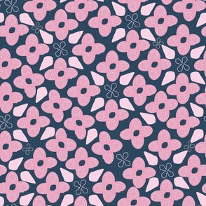 Cute candy Pink Textured Flowers on a Dark Blue Background