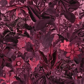 Moody Jungle Tropical Flower Pattern Burgundy Red Smaller Scale