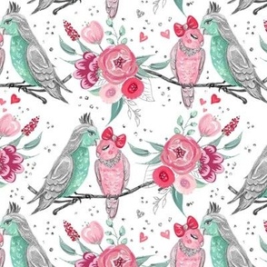 Love Bird Spring | Birds, Flowers, Glitter, Hearts & Branch | Blue, Silver, Pink, Red & White