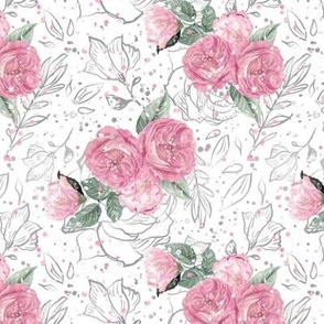 Romantic Roses Spring | Flowers, Leaves & Glitter | White, Grey & Pink