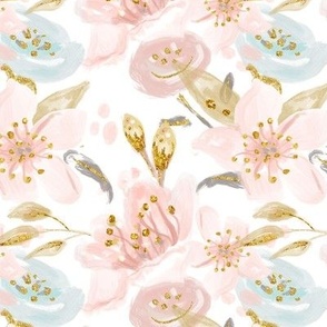 Kawaii Spring Floral Print | Flowers & Glitter | Gold, Pink & Blue