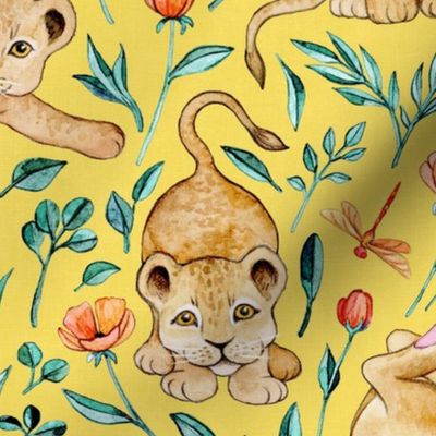 Cute Cubs with Coral Poppies on Bright Lemon Yellow - large