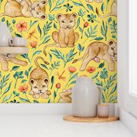 Cute Cubs with Coral Poppies on Bright Lemon Yellow - large