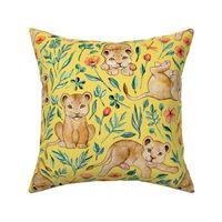 Cute Cubs with Coral Poppies on Bright Lemon Yellow - large