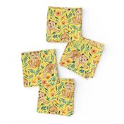 Cute Cubs with Coral Poppies on Bright Lemon Yellow - medium