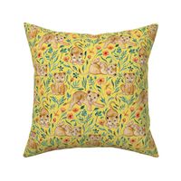 Cute Cubs with Coral Poppies on Bright Lemon Yellow - medium