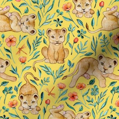 Cute Cubs with Coral Poppies on Bright Lemon Yellow - medium