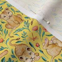 Cute Cubs with Coral Poppies on Bright Lemon Yellow - small