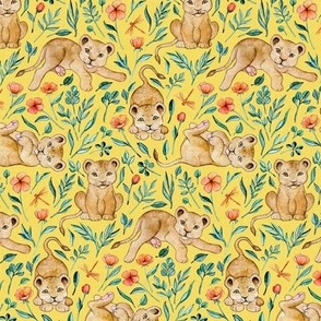 Cute Cubs with Coral Poppies on Bright Lemon Yellow - small