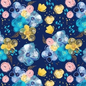 Spring Blue Flowers | Flowers & Glitter | Blue, Navy, Gold, Pink & Yellow