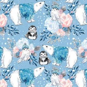 Enchanted Winter / polar bear, Penguin, flowers / blue