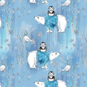 Enchanted Winter / polar bear, Penguin, owl, flowers / blue strokes