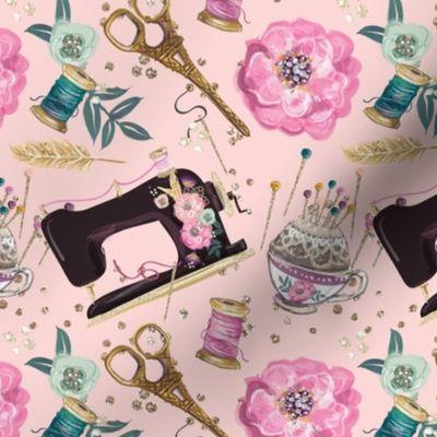 whimsical Couture | Floral vintage sewing  machine & scissors, bobbins | pink