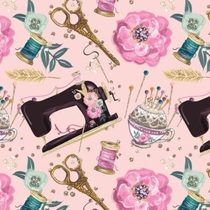 whimsical Couture | Floral vintage sewing  machine & scissors, bobbins | pink