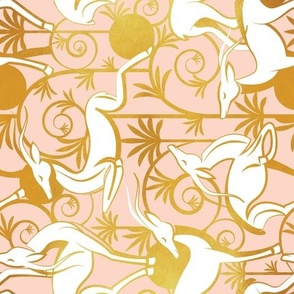 Normal scale rotated // Deco Gazelles Garden // coral background white animals and golden textured decorative elements
