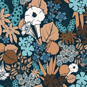 XL// Poisonous tropical//  brown and blue on blue background