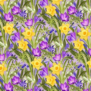Spring Floral with Daffodils, Crocuses and Lily of the Valley on lilac - medium