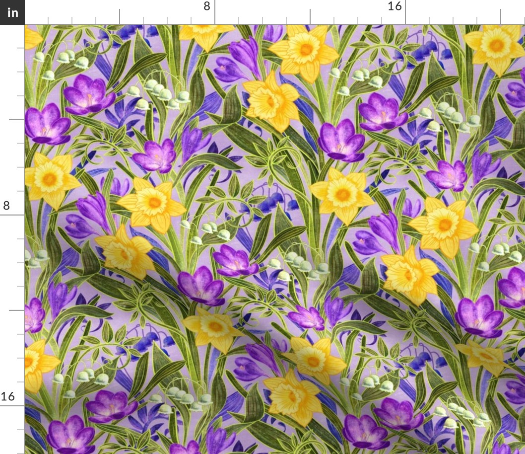Spring Floral with Daffodils, Crocuses and Lily of the Valley on lilac - medium