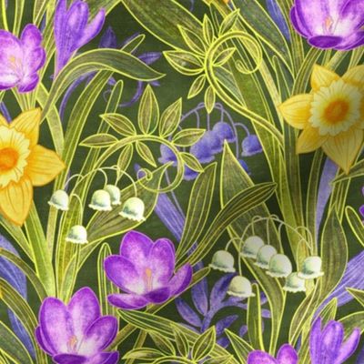 Spring Floral with Daffodils, Crocuses and Lily of the Valley on olive green - medium