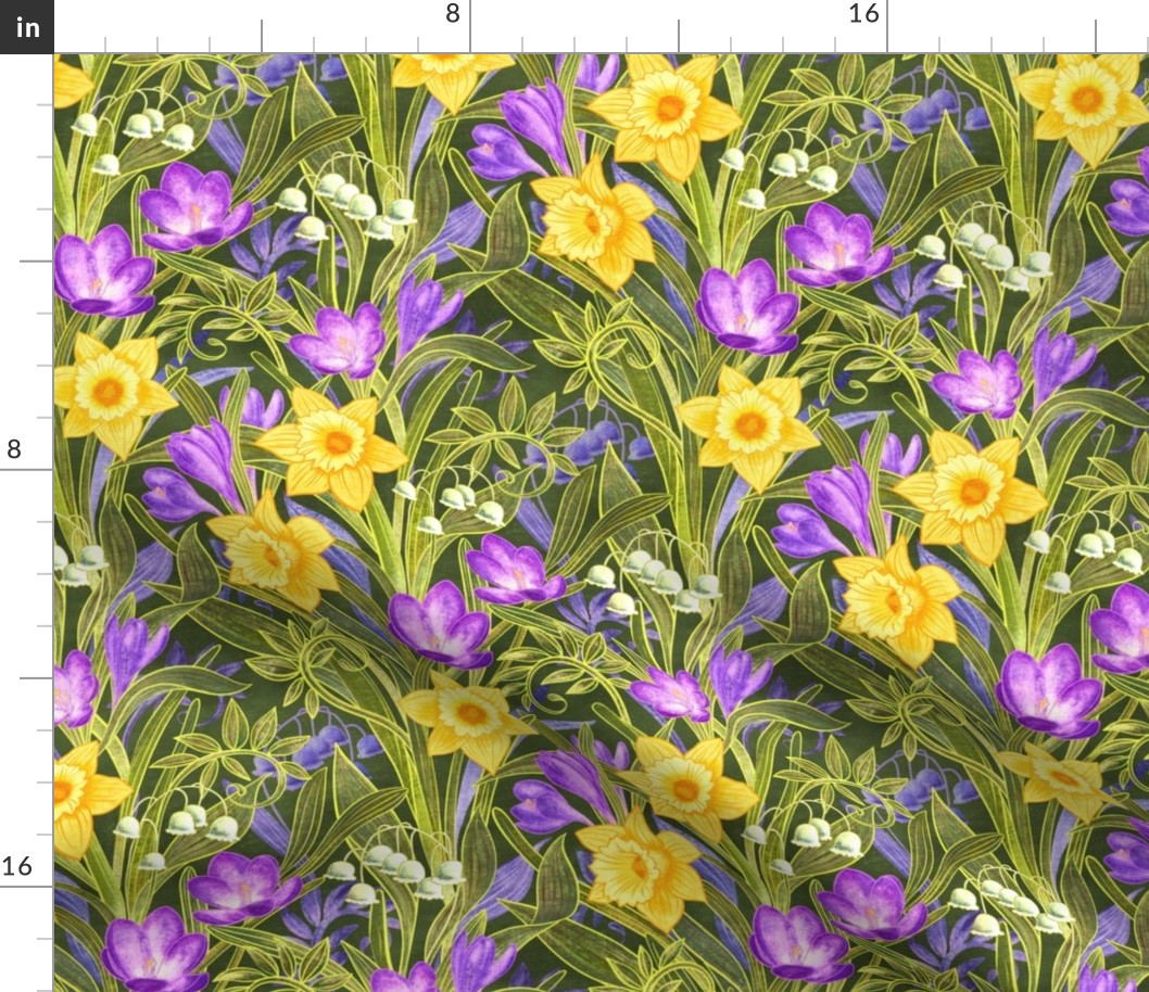 Spring Floral with Daffodils, Crocuses and Lily of the Valley on olive green - medium