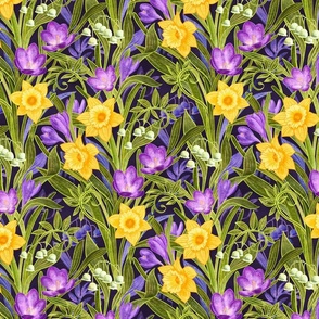 Spring Floral with Daffodils, Crocuses and Lily of the Valley on deep purple - medium