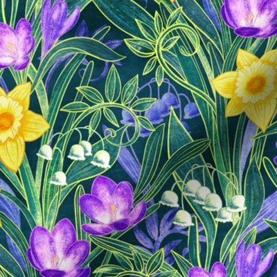 Spring Floral with Daffodils, Crocuses and Lily of the Valley - blue green, medium